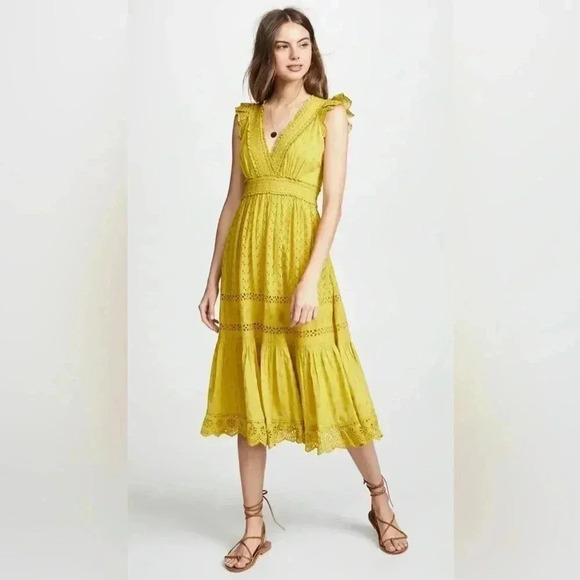 Ulla Johnson Womens Dress Marjorie Chartreuse Yellow Eyelet Ruffle Midi Sz 10 - Picture 1 of 16